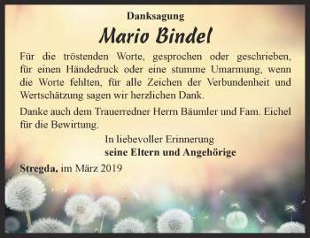 Traueranzeige von Mario Bindel von Thüringer Allgemeine, Thüringische Landeszeitung