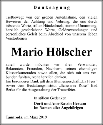 Traueranzeige von Mario Hölscher von Thüringer Allgemeine, Thüringische Landeszeitung