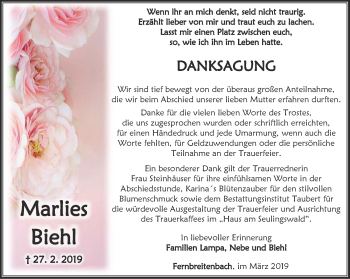 Traueranzeige von Marlies Biehl von Thüringer Allgemeine, Thüringische Landeszeitung
