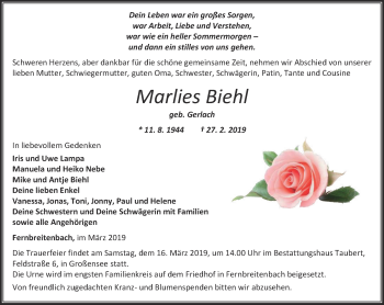 Traueranzeige von Marlies Biehl von Thüringer Allgemeine, Thüringische Landeszeitung