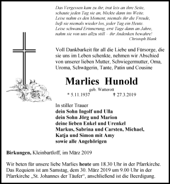 Traueranzeige von Marlies Hunold von Thüringer Allgemeine
