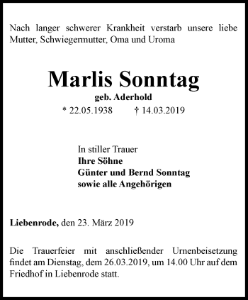 Traueranzeige von Marlis Sonntag von Thüringer Allgemeine