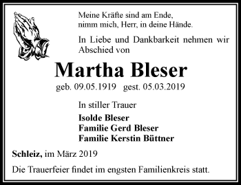 Traueranzeige von Martha Bleser von Ostthüringer Zeitung