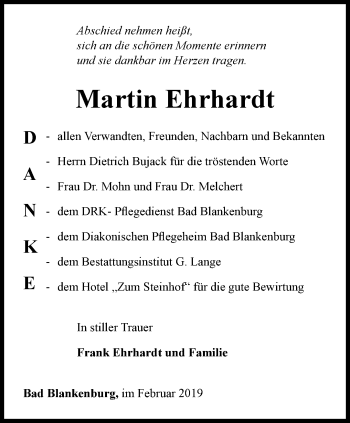 Traueranzeige von Martin Ehrhardt von Ostthüringer Zeitung