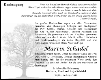 Traueranzeige von Martin Schädel von Ostthüringer Zeitung, Thüringische Landeszeitung