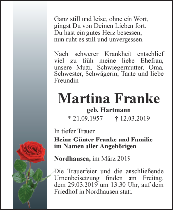 Traueranzeige von Martina Franke von Thüringer Allgemeine