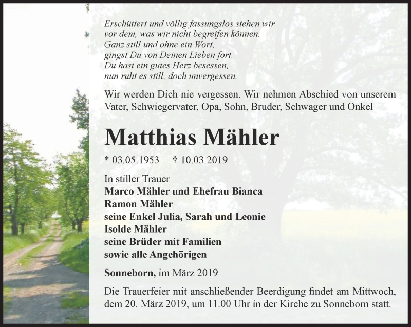  Traueranzeige für Matthias Mähler vom 19.03.2019 aus Ostthüringer Zeitung, Thüringische Landeszeitung