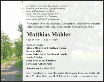 Traueranzeige von Matthias Mähler von Ostthüringer Zeitung