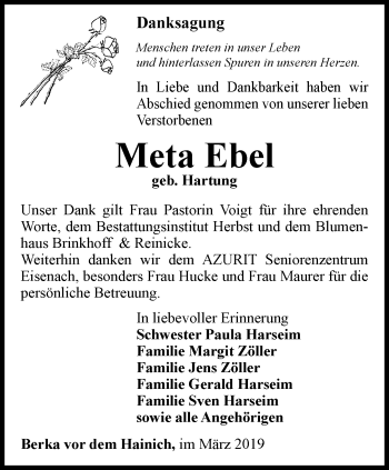 Traueranzeige von Meta Ebel von Thüringer Allgemeine, Thüringische Landeszeitung