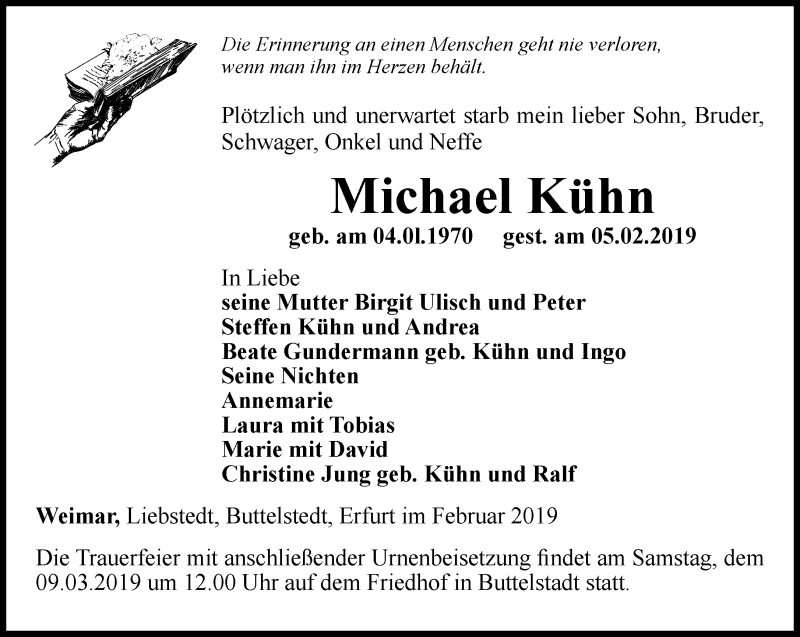  Traueranzeige für Michael Kühn vom 02.03.2019 aus Thüringer Allgemeine, Thüringische Landeszeitung