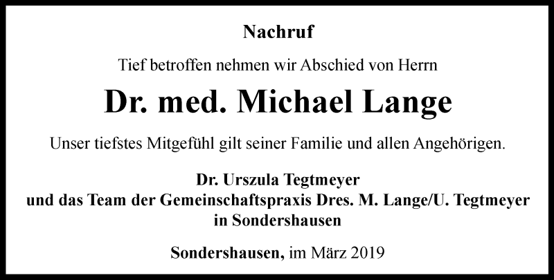  Traueranzeige für Michael Lange vom 12.03.2019 aus Thüringer Allgemeine