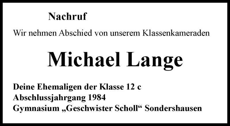  Traueranzeige für Michael Lange vom 09.03.2019 aus Thüringer Allgemeine