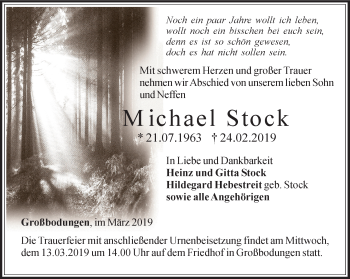 Traueranzeige von Michael Stock von Thüringer Allgemeine