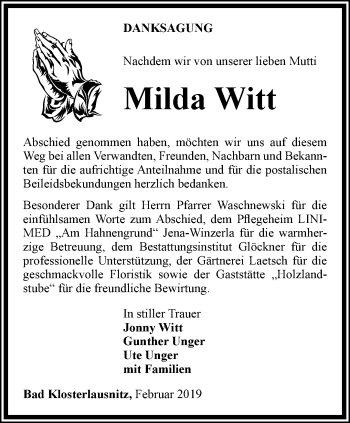 Traueranzeige von Milda Witt von Ostthüringer Zeitung