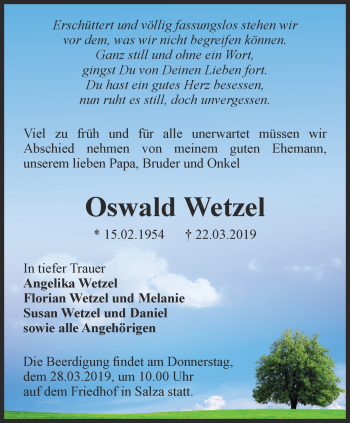 Traueranzeige von Oswald Wetzel von Thüringer Allgemeine