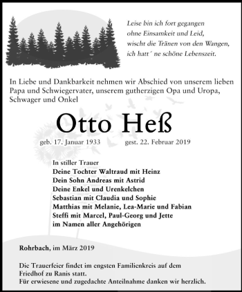 Traueranzeige von Otto Heß von Ostthüringer Zeitung