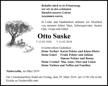 Traueranzeige von Otto Suske von Thüringer Allgemeine, Thüringische Landeszeitung