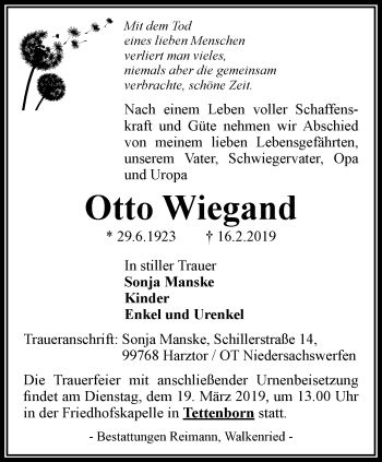 Traueranzeige von Otto Wiegand von Thüringer Allgemeine
