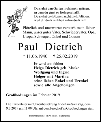 Traueranzeige von Paul Dietrich von Thüringer Allgemeine