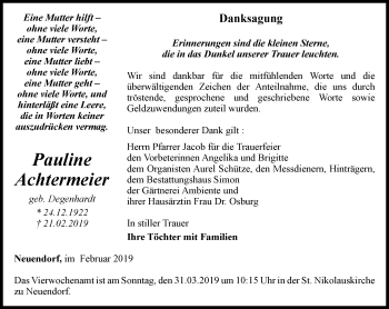 Traueranzeige von Pauline Achtermeier von Thüringer Allgemeine