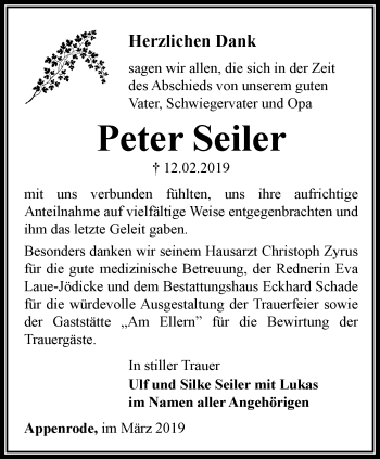 Traueranzeige von Peter Seiler von Thüringer Allgemeine