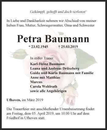 Traueranzeige von Petra Baumann von Thüringer Allgemeine, Thüringische Landeszeitung