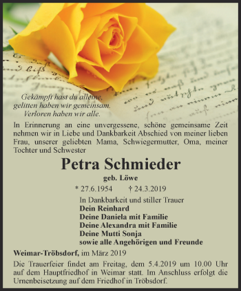 Traueranzeige von Petra Schmieder von Thüringer Allgemeine, Thüringische Landeszeitung