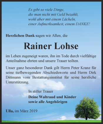 Traueranzeige von Rainer Lohse von Thüringer Allgemeine, Thüringische Landeszeitung