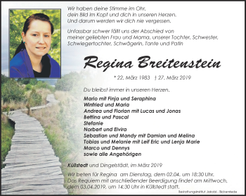 Traueranzeige von Regina Breitenstein von Thüringer Allgemeine