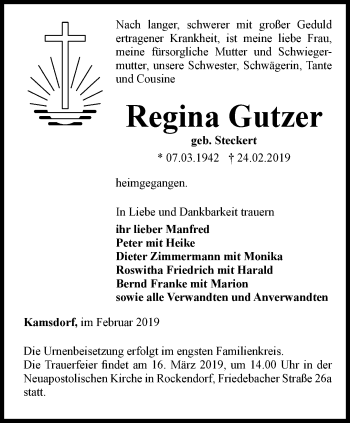 Traueranzeige von Regina Gutzer von Ostthüringer Zeitung