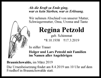Traueranzeige von Regina Petzold von Ostthüringer Zeitung