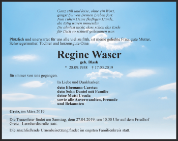 Traueranzeige von Regine Waser