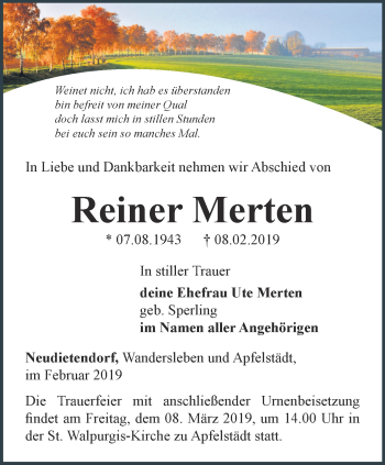 Traueranzeige von Reiner Merten von Thüringer Allgemeine, Thüringische Landeszeitung