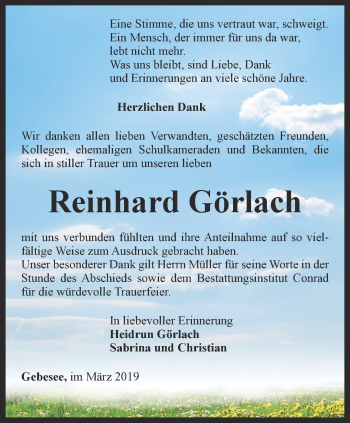 Traueranzeige von Reinhard Görlach von Thüringer Allgemeine, Thüringische Landeszeitung