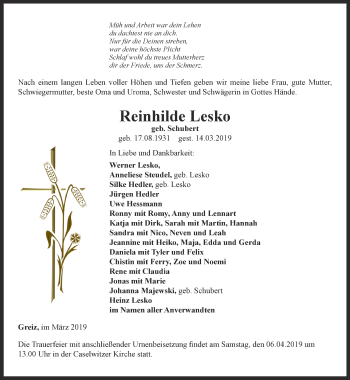 Traueranzeige von Reinhilde Lesko von Ostthüringer Zeitung