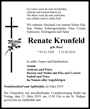 Traueranzeige von Renate Kronfeld von Thüringer Allgemeine, Thüringische Landeszeitung