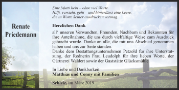 Traueranzeige von Renate Priedemann von Ostthüringer Zeitung