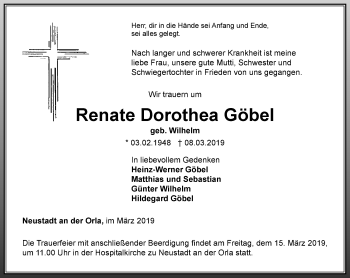 Traueranzeige von Renate Dorothea Göbel von Ostthüringer Zeitung