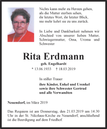 Traueranzeige von Rita Erdmann von Thüringer Allgemeine