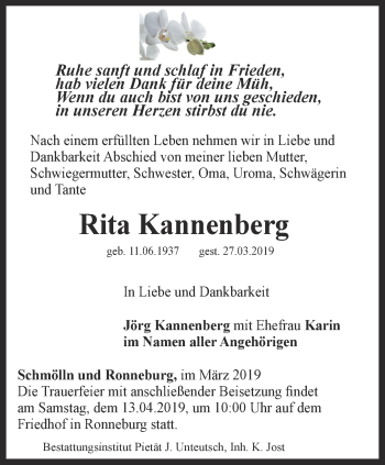 Traueranzeige von Rita Kannenberg von Ostthüringer Zeitung
