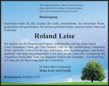 Traueranzeige von Roland Leise von Thüringer Allgemeine, Thüringische Landeszeitung