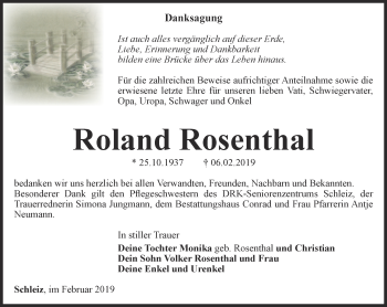 Traueranzeige von Roland Rosenthal von Ostthüringer Zeitung