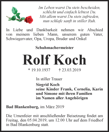 Traueranzeige von Rolf Koch von Ostthüringer Zeitung