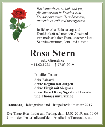 Traueranzeige von Rosa Stern von Thüringer Allgemeine, Thüringische Landeszeitung