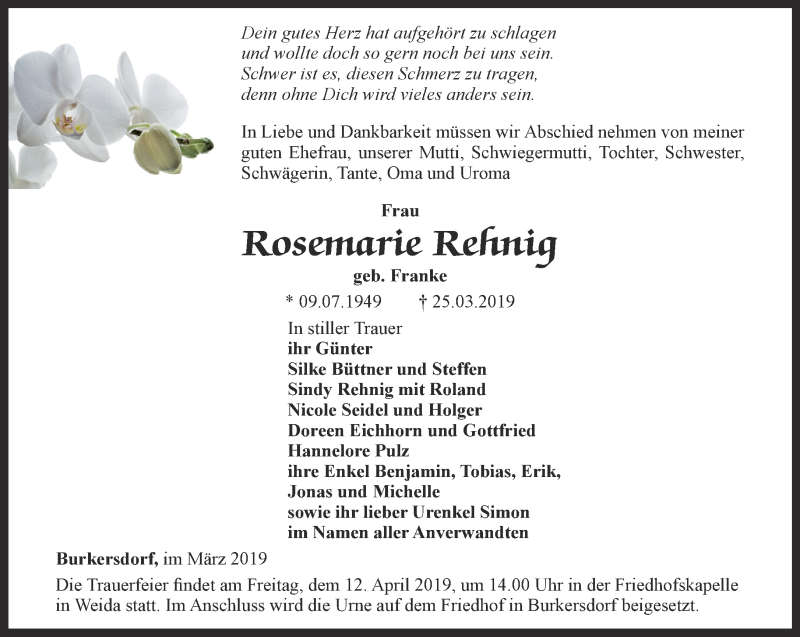  Traueranzeige für Rosemarie Reftnig vom 30.03.2019 aus Ostthüringer Zeitung
