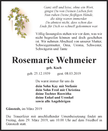Traueranzeige von Rosemarie Wehmeier von Thüringer Allgemeine