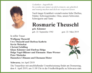 Traueranzeige von Rosmarie Theuschl von Ostthüringer Zeitung