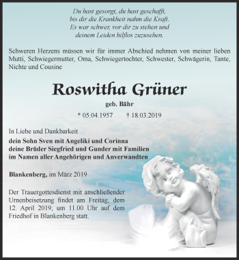 Traueranzeige von Roswitha Grüner von Ostthüringer Zeitung