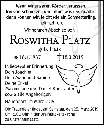 Traueranzeige von Roswitha Platz von Ostthüringer Zeitung, Thüringische Landeszeitung