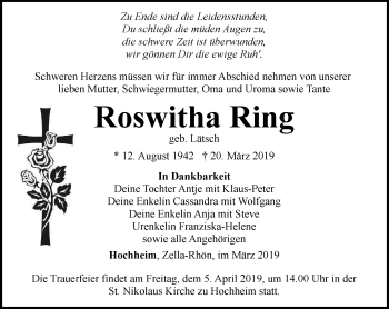 Traueranzeige von Roswitha Ring von Ostthüringer Zeitung, Thüringische Landeszeitung